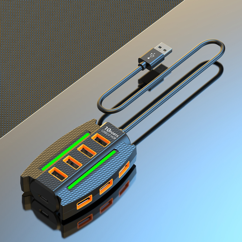 USB Hub One-To-Ten bővítőhely külső tápegységgel és hangulatvilágítással