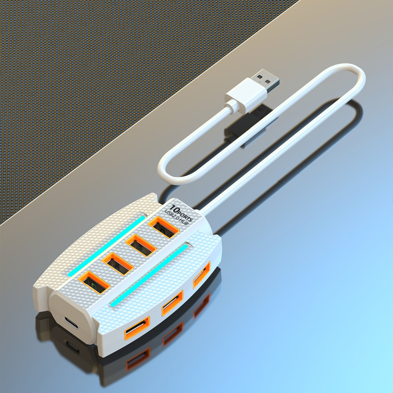 USB Hub One-To-Ten bővítőhely külső tápegységgel és hangulatvilágítással