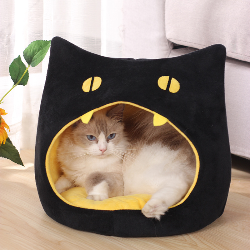 Új, négy évszakos univerzális, rajzfilm stílusú macskafészek, félig zárt, kistestű kutyáknak való macskaház, kristálybársonyból készült kisállat-kellékek