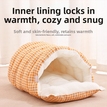 Η φωλιά γάτας είναι ζεστή τον χειμώνα, κλειστή και ασφαλής, κρεβάτι γάτας και σκύλου, φωλιά ύπνου, υπνόσακος, πάπλωμα, χειμερινό τεχνητό κατοικίδιο