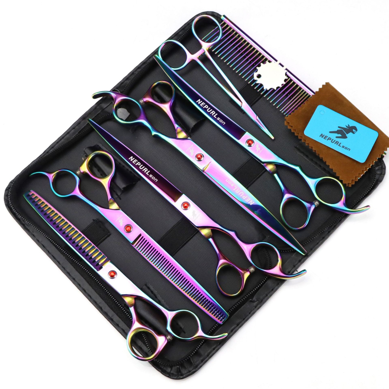 8.0-инчови Neptsen Color 5 бр. Висококачествени ножици за красота на домашни любимци с прави и извити краища