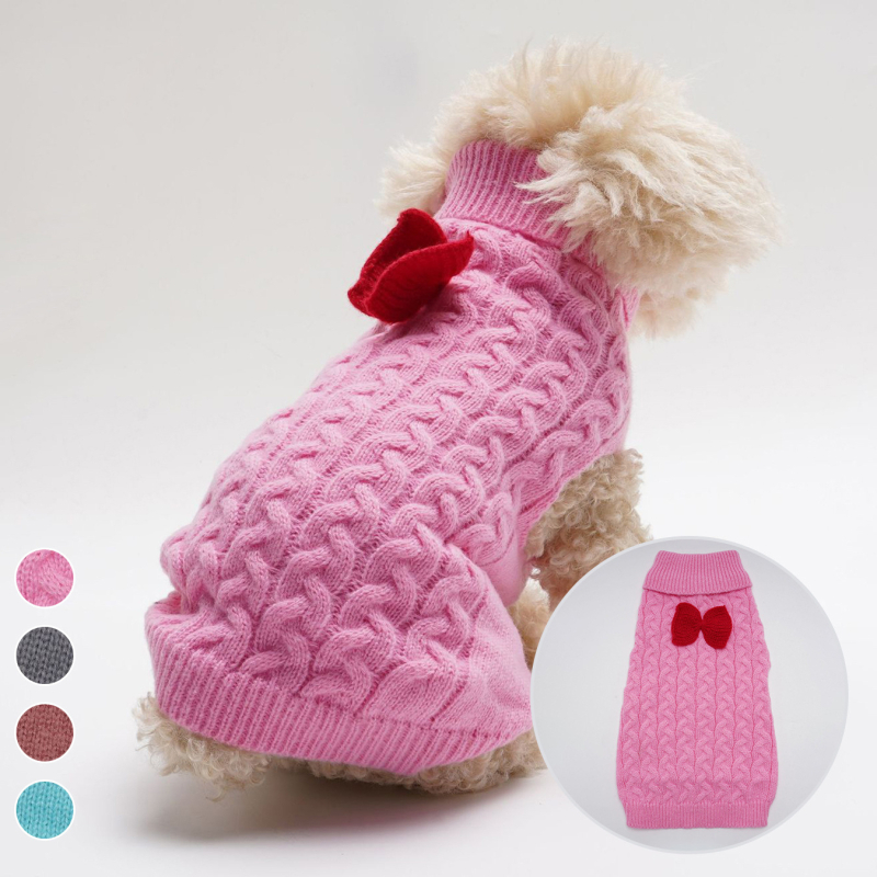 Őszi-téli kutyapulóver, új, hajtókás, szőtt, háromdimenziós, csavart, egyszínű, csavart, masnival díszített