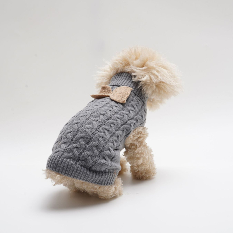 Őszi-téli kutyapulóver, új, hajtókás, szőtt, háromdimenziós, csavart, egyszínű, csavart, masnival díszített