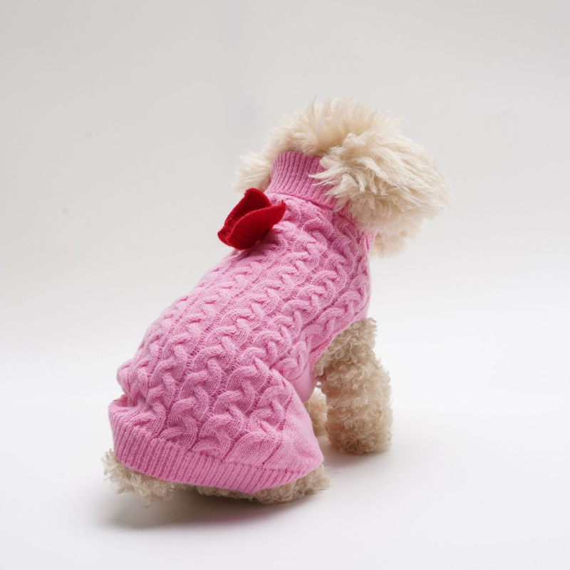 Őszi-téli kutyapulóver, új, hajtókás, szőtt, háromdimenziós, csavart, egyszínű, csavart, masnival díszített