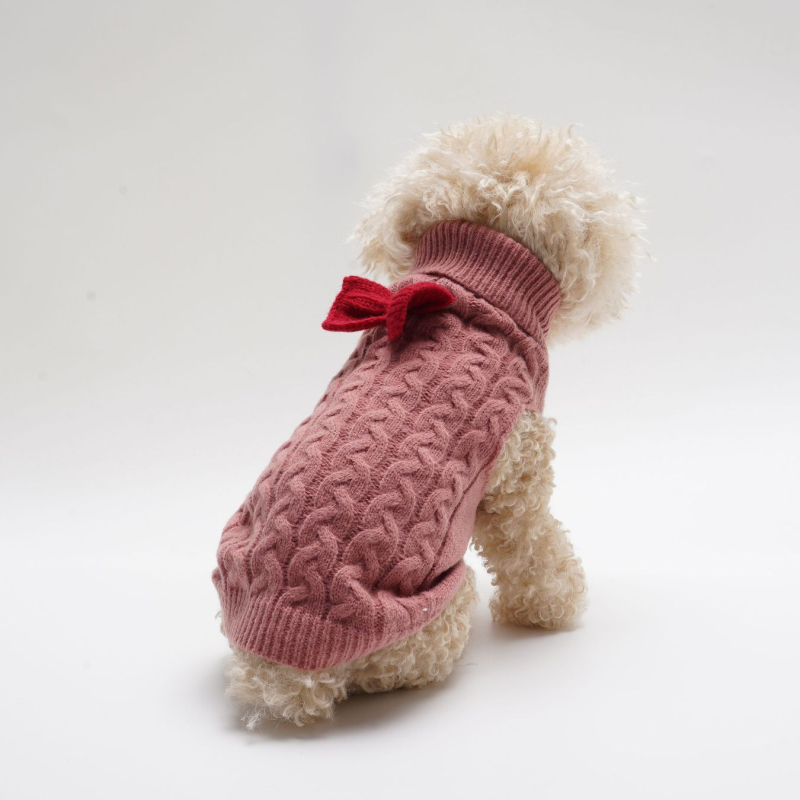 Őszi-téli kutyapulóver, új, hajtókás, szőtt, háromdimenziós, csavart, egyszínű, csavart, masnival díszített