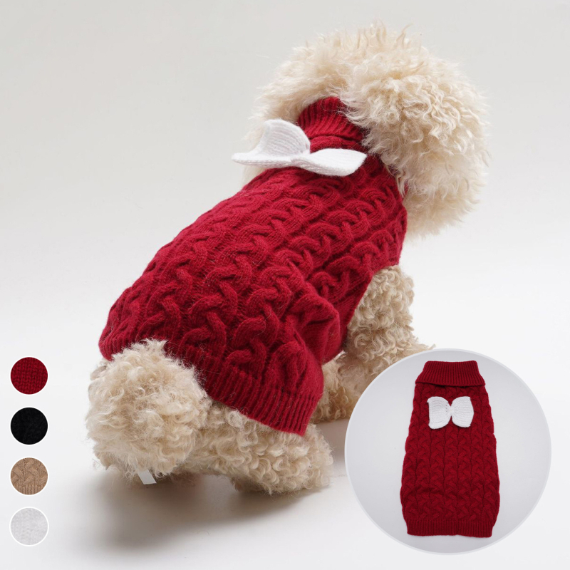 Őszi és téli kutyapulóver háromdimenziós csavart mintával, egyszínű, teljes csavart masnival, meleg brit stílusú kutyaruha