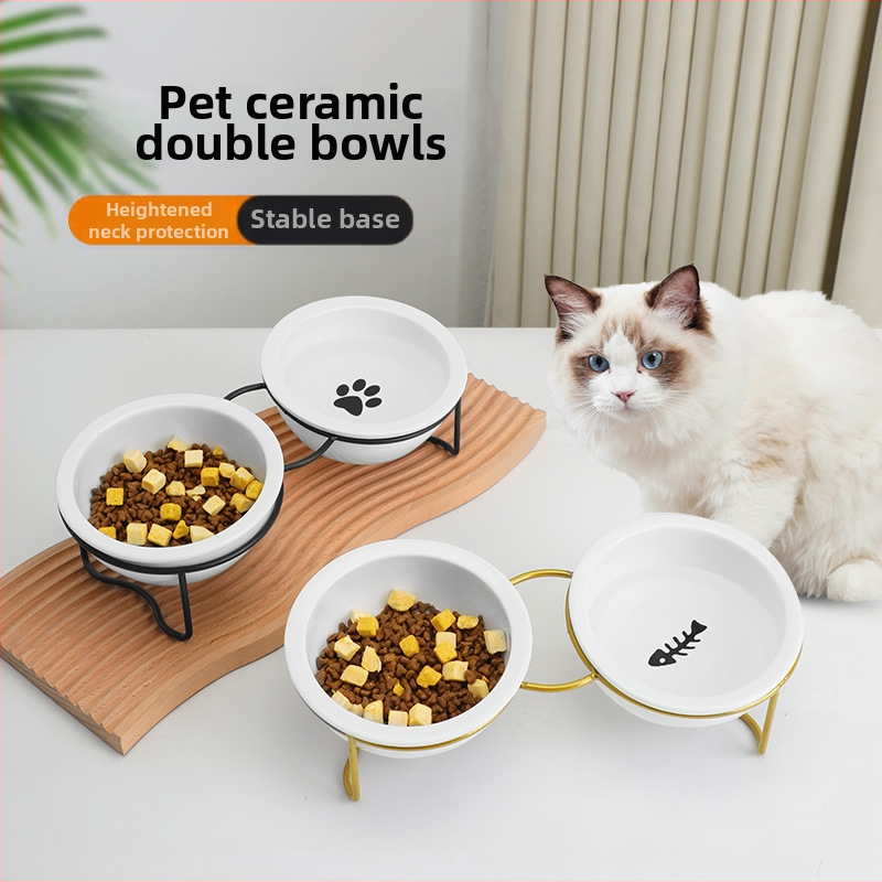 Keraamiline kassikauss, kõrge jala kaelakaitse, topeltkausi kinnitusraam, ümberminekuvastane, lemmikloomade kasside ja koerte toidukauss, kallutatav veekauss, lemmikloomatarbed