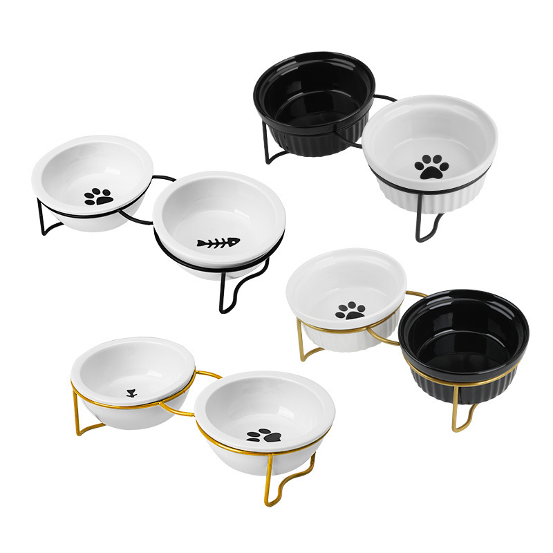 Keraamiline kassikauss, kõrge jala kaelakaitse, topeltkausi kinnitusraam, ümberminekuvastane, lemmikloomade kasside ja koerte toidukauss, kallutatav veekauss, lemmikloomatarbed