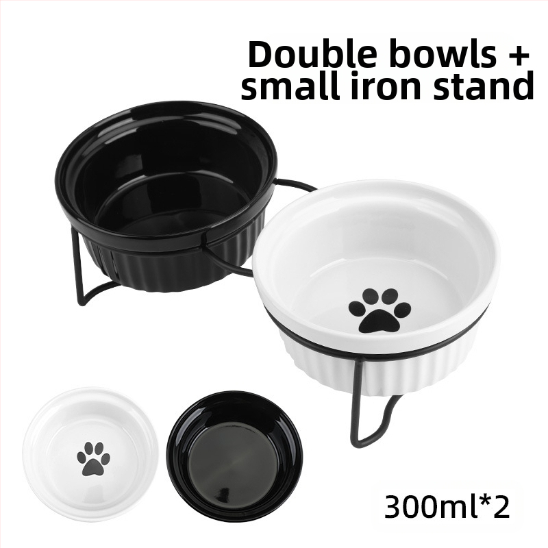 Keraamiline kassikauss, kõrge jala kaelakaitse, topeltkausi kinnitusraam, ümberminekuvastane, lemmikloomade kasside ja koerte toidukauss, kallutatav veekauss, lemmikloomatarbed