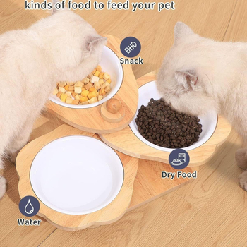 Fa etetőállvány, emelt macska-kutya táltartó, háztartási kisállat macskaeledel-tál, forgó, multifunkcionális fa etető