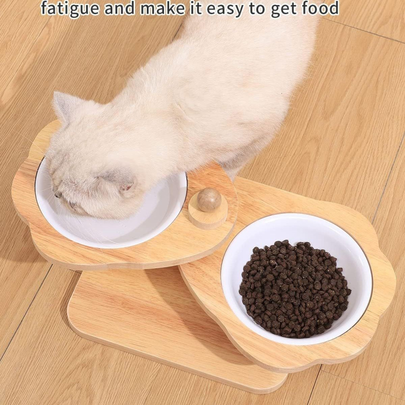 Fa etetőállvány, emelt macska-kutya táltartó, háztartási kisállat macskaeledel-tál, forgó, multifunkcionális fa etető