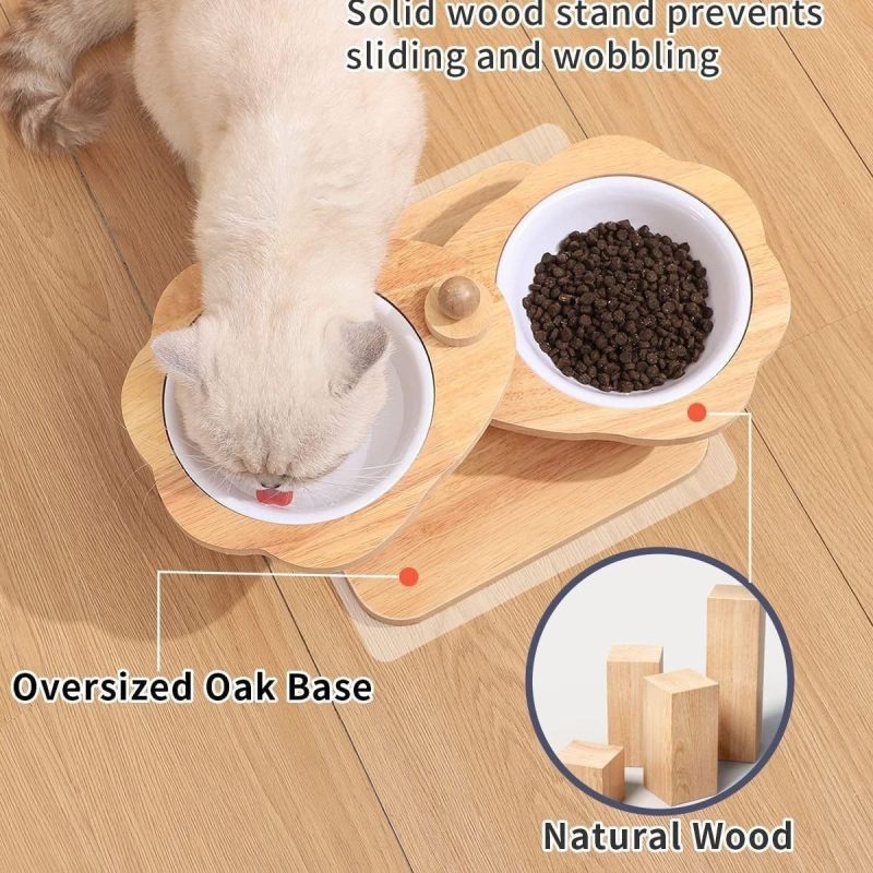 Fa etetőállvány, emelt macska-kutya táltartó, háztartási kisállat macskaeledel-tál, forgó, multifunkcionális fa etető