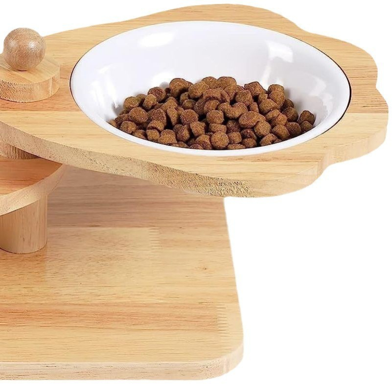 Fa etetőállvány, emelt macska-kutya táltartó, háztartási kisállat macskaeledel-tál, forgó, multifunkcionális fa etető