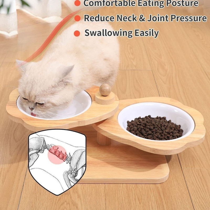 Fa etetőállvány, emelt macska-kutya táltartó, háztartási kisállat macskaeledel-tál, forgó, multifunkcionális fa etető