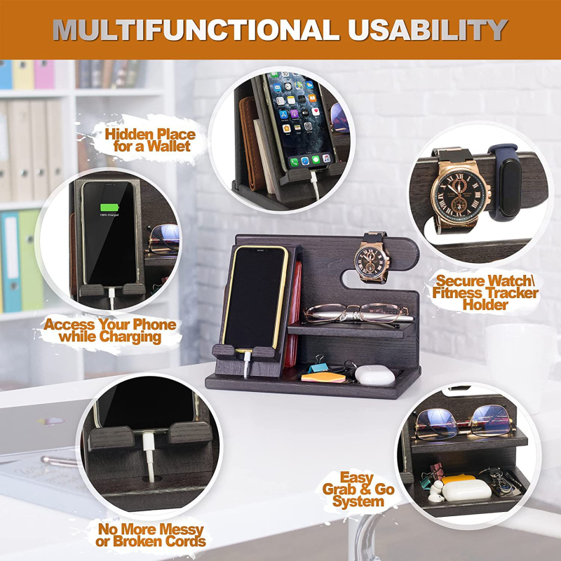 Fából készült mobiltelefon-bővítő kulcstartó pénztárca tartó óratároló táska férfiaknak ajándék születésnapi emléktárgy szerszámtároló