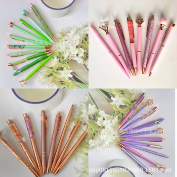 10 darabos strasszos golyóstoll készlet vicces toll rozéarany rózsaszín lila zöld lányos kerek gyöngyök