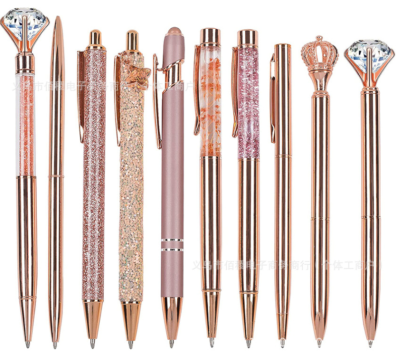 10 darabos strasszos golyóstoll készlet vicces toll rozéarany rózsaszín lila zöld lányos kerek gyöngyök