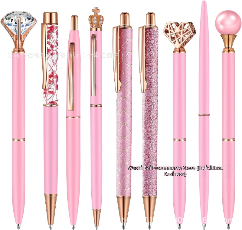 10 darabos strasszos golyóstoll készlet vicces toll rozéarany rózsaszín lila zöld lányos kerek gyöngyök
