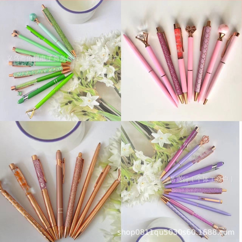 10 darabos strasszos golyóstoll készlet vicces toll rozéarany rózsaszín lila zöld lányos kerek gyöngyök