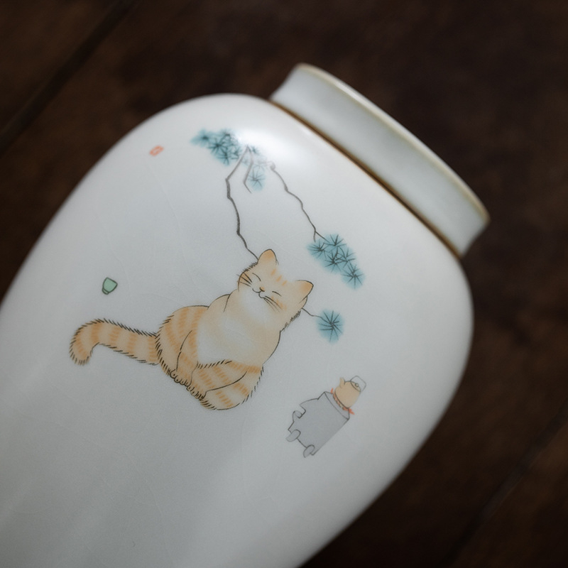 Guanyao teáskanna, szerencsés macska, magas edény, kerámia vas, ruyao nagy teáskanna, lezárt tárolóedény, teacsomagolás