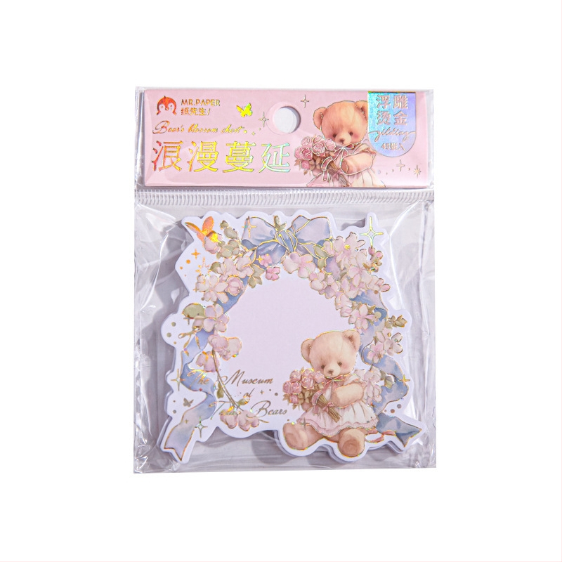 Релефни листчета за горещо щамповане Mr. Paper, пакет от три лепящи се листчета, серия „Мече и цветя“, ретро романтична хартия за студентски бележки