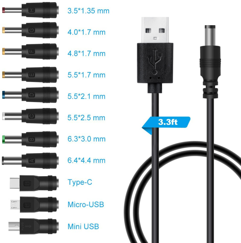 Nuolatinės srovės maitinimo laidas, USB į 5,5 * 2,1 daugiafunkcis nuolatinės srovės keičiamas kištukas, USB į 5521 kištuką, 8 viename įkrovimo laidas