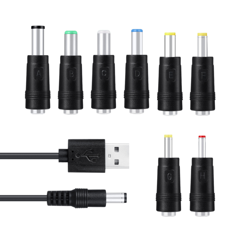 Nuolatinės srovės maitinimo laidas, USB į 5,5 * 2,1 daugiafunkcis nuolatinės srovės keičiamas kištukas, USB į 5521 kištuką, 8 viename įkrovimo laidas