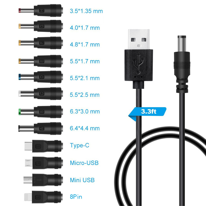Nuolatinės srovės maitinimo laidas, USB į 5,5 * 2,1 daugiafunkcis nuolatinės srovės keičiamas kištukas, USB į 5521 kištuką, 8 viename įkrovimo laidas