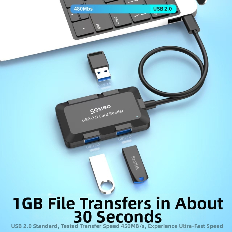 Пет в едно лаптоп 2.0 хъб, 2.0 USB сплитер кабел, четец на карти за мобилен телефон, незабавно изтегляне на данни, преносим