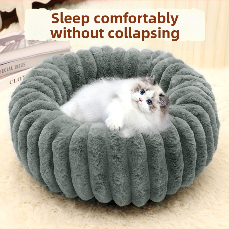 Nagyméretű kisállat-fekhely egyenes csíkos nyúlszőr plüss kisállatszőnyeggel, kerek, vastagított macskafekhely, téli nagyméretű kutyafekhely kisállat-kellékek