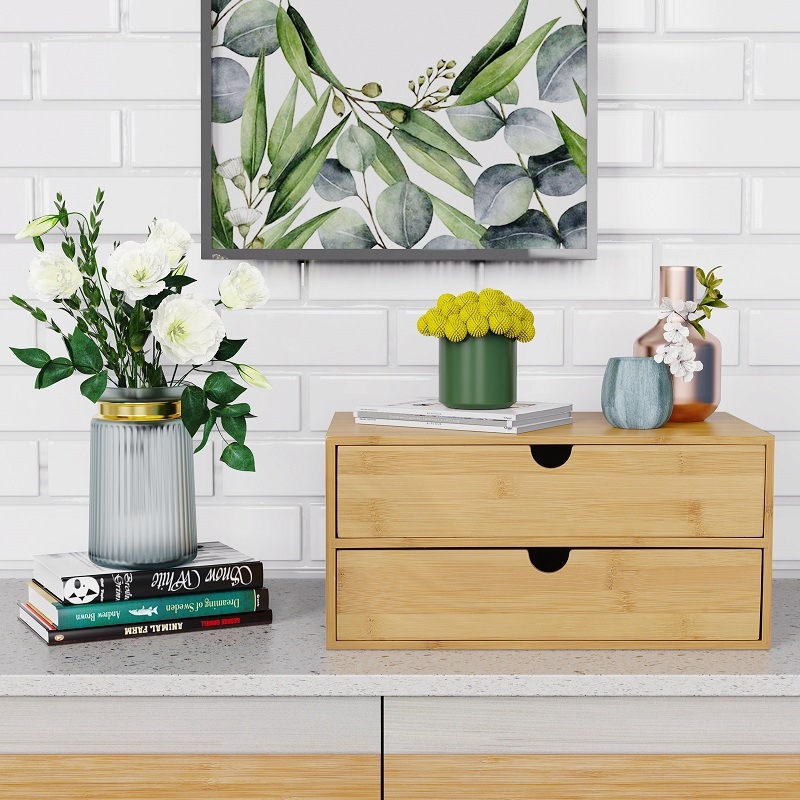 Bambusz asztali fiókos tárolódoboz, kozmetikai komód, éjjeliszekrény, íróasztal, egyszerű, többrétegű tárolóállvány, fa