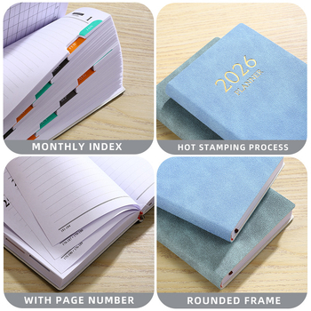 Laos olev 2026. aasta A6 formaadis ingliskeelne planeerija värvilise kuuindeksiga, paksendatud kalendriga, piiriülese teemapäevikuga