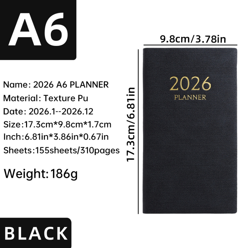 Laos olev 2026. aasta A6 formaadis ingliskeelne planeerija värvilise kuuindeksiga, paksendatud kalendriga, piiriülese teemapäevikuga