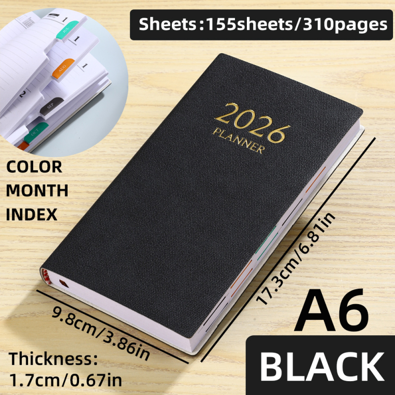 Laos olev 2026. aasta A6 formaadis ingliskeelne planeerija värvilise kuuindeksiga, paksendatud kalendriga, piiriülese teemapäevikuga