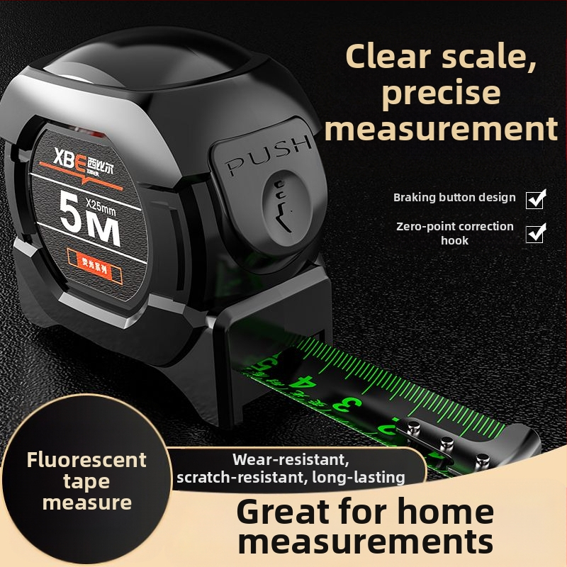 Черна технологична флуоресцентна линийка с вносна ролетка 5 метра, разширена 7,5 метра, дебела 10 метра, износоустойчива кутия-линийка с висока прецизност