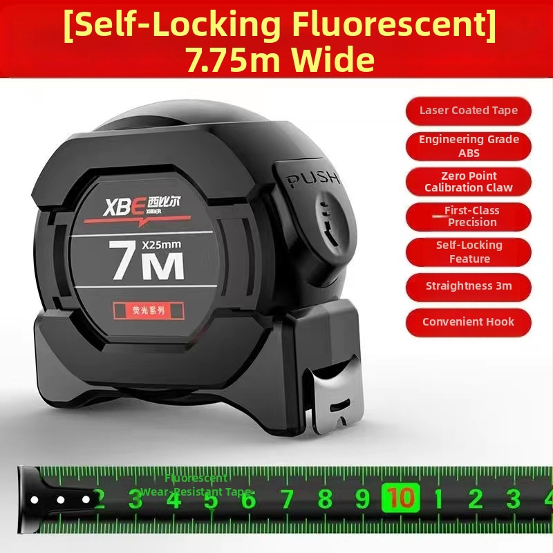 Juodos technologijos fluorescencinė liniuotė su importuota matavimo juosta 5 metrai praplatinta 7,5 metro 10 metrų storio atspari dilimui dėžutės liniuotė, didelio tikslumo matuoklis