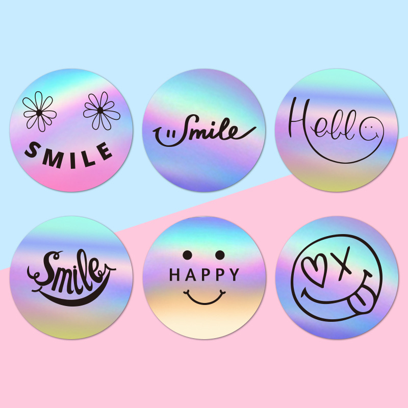 500 pasta/rull äärisega vikerkaarevärviline laserkleebis naeratus naeratus aitäh kleebis rull laserkleebis