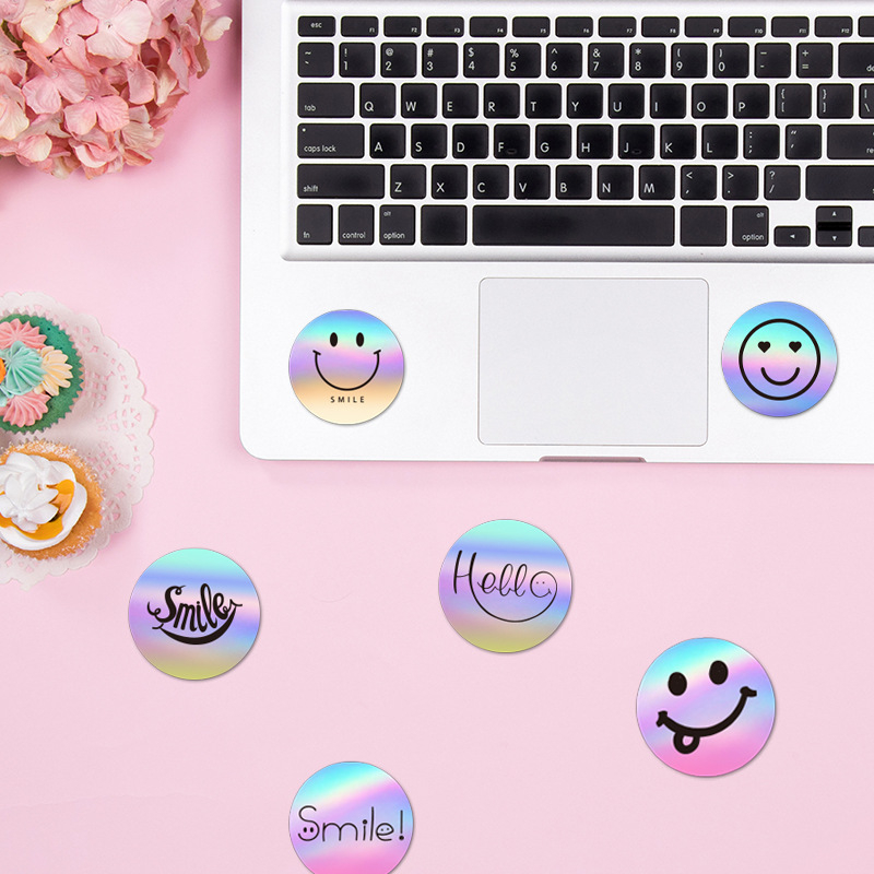 500 pasta/rull äärisega vikerkaarevärviline laserkleebis naeratus naeratus aitäh kleebis rull laserkleebis