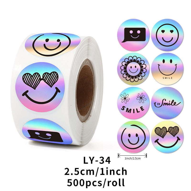 500 pasta/rull äärisega vikerkaarevärviline laserkleebis naeratus naeratus aitäh kleebis rull laserkleebis
