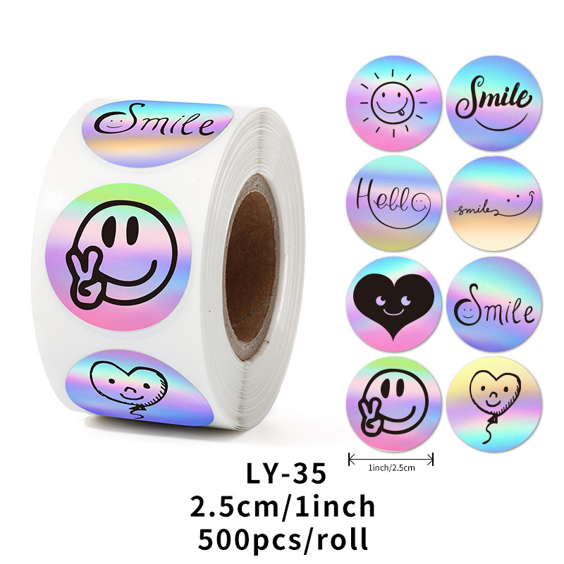 500 pasta/rull äärisega vikerkaarevärviline laserkleebis naeratus naeratus aitäh kleebis rull laserkleebis