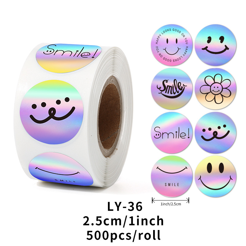 500 pasta/rull äärisega vikerkaarevärviline laserkleebis naeratus naeratus aitäh kleebis rull laserkleebis