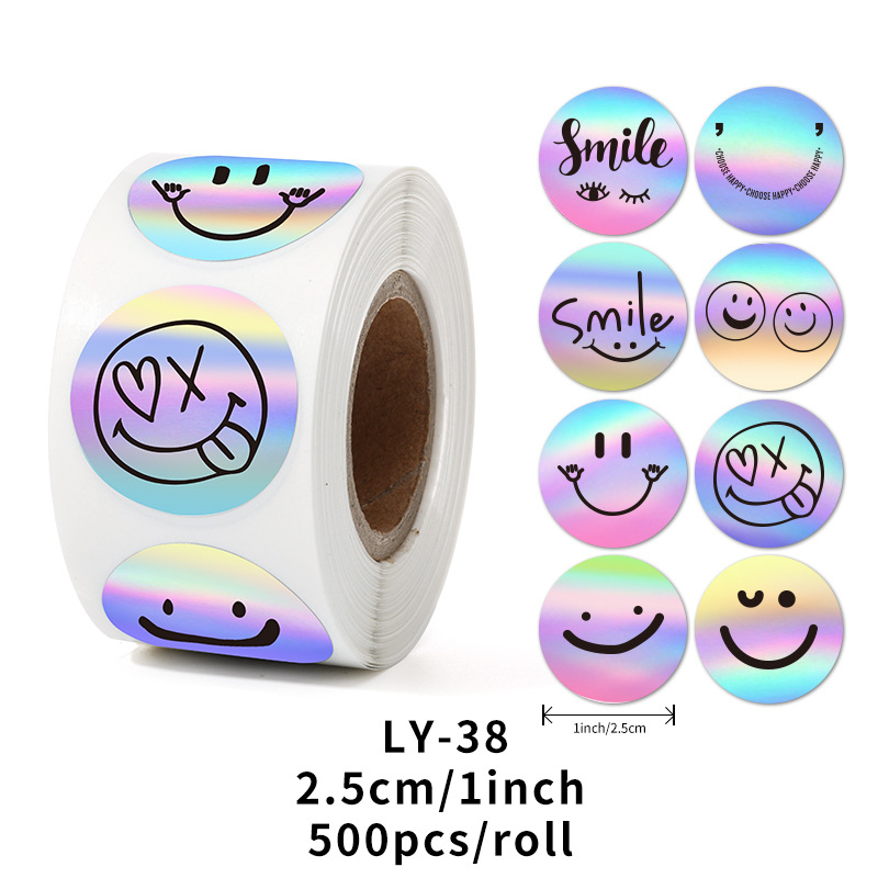 500 pasta/rull äärisega vikerkaarevärviline laserkleebis naeratus naeratus aitäh kleebis rull laserkleebis
