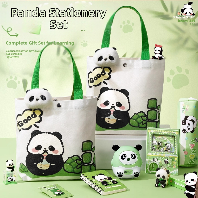 Armas panda-teemaline lõuendikott kirjatarvete komplekt, praktiline koolikingitus algkooliõpilastele, uhke lasteaia suveniirkingitus