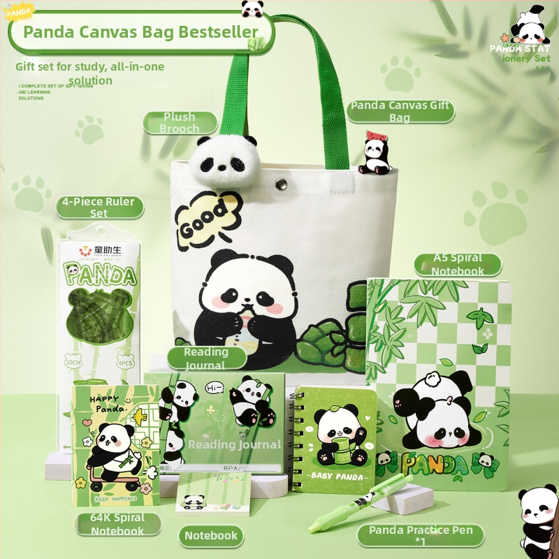 Armas panda-teemaline lõuendikott kirjatarvete komplekt, praktiline koolikingitus algkooliõpilastele, uhke lasteaia suveniirkingitus