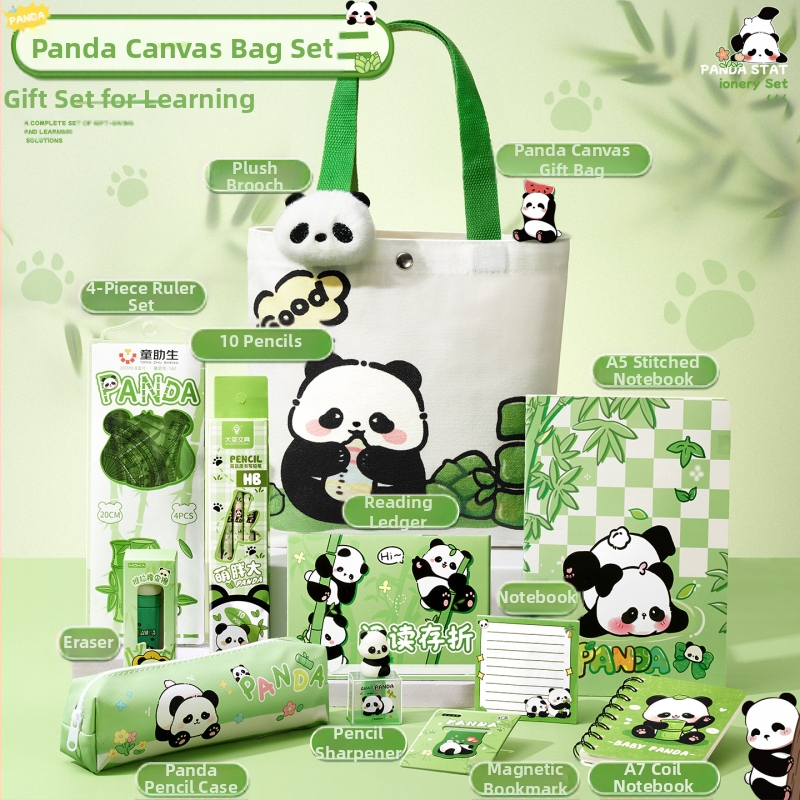Armas panda-teemaline lõuendikott kirjatarvete komplekt, praktiline koolikingitus algkooliõpilastele, uhke lasteaia suveniirkingitus