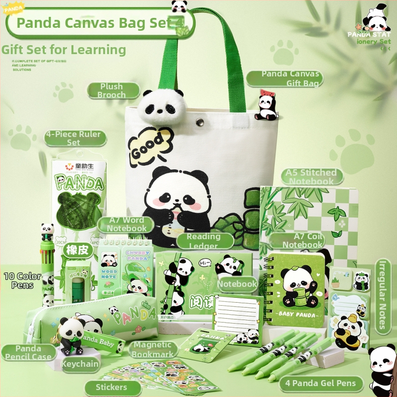 Armas panda-teemaline lõuendikott kirjatarvete komplekt, praktiline koolikingitus algkooliõpilastele, uhke lasteaia suveniirkingitus
