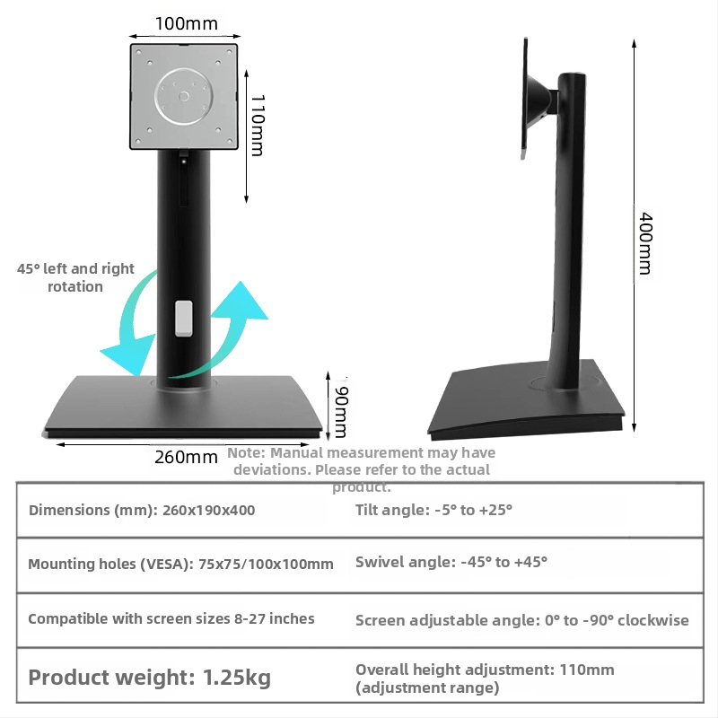 Въртяща се регулируема стойка за компютърен монитор 8-27 инча, регулируема и въртяща се опорна рамка