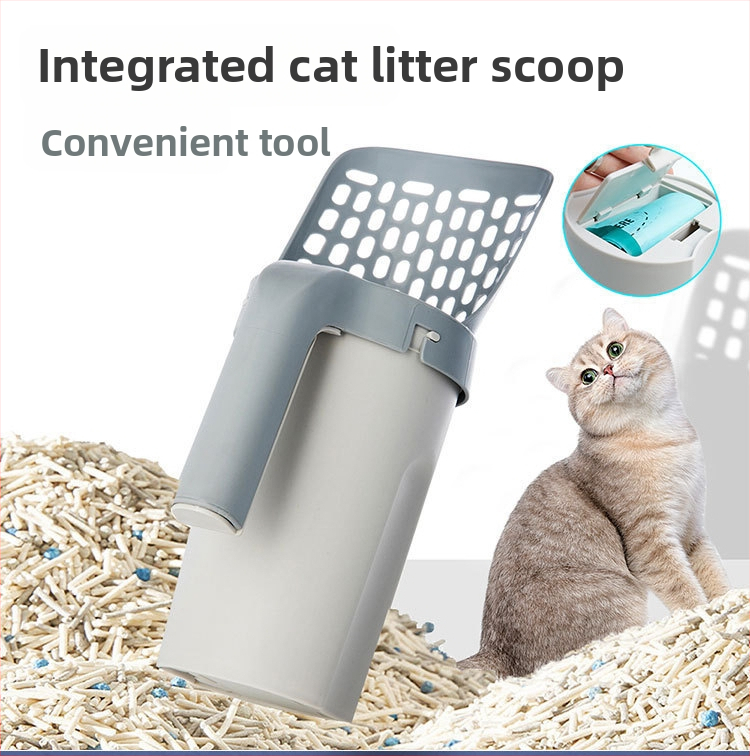 Naujas kačių kraiko kastuvas, plastikinis kačių išmatų kastuvas su šiukšlių maišu, skirtas lengvam kačių išmatų valymui, patogus „viskas viename“ kačių kraiko kastuvas