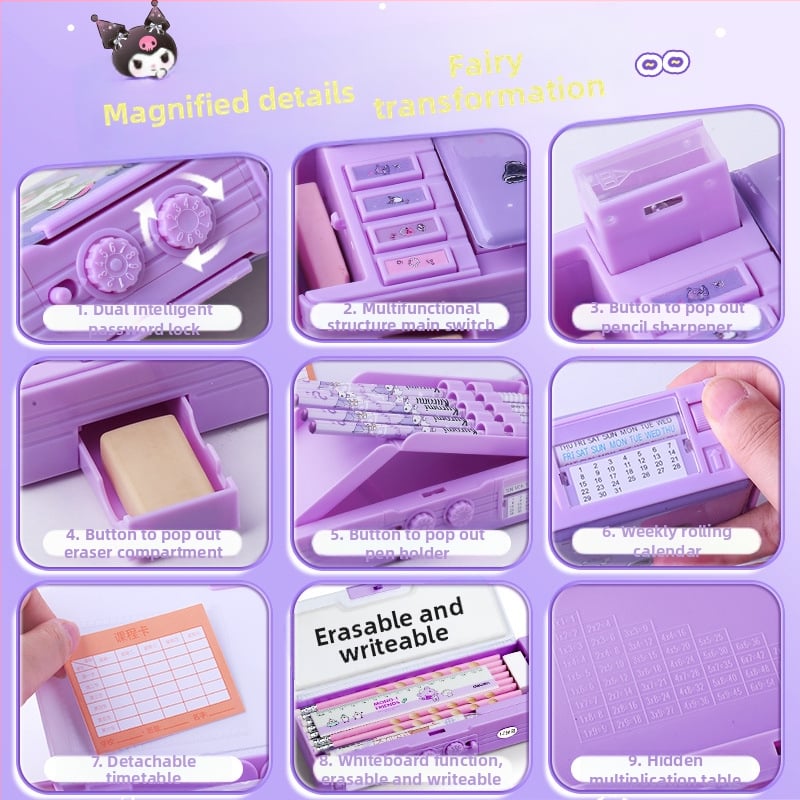 Не купувайте за вътрешна електронна търговия】Многофункционална кутия за канцеларски материали, оригинален калъф за моливи Sanrio за момичета с механизъм за заключване и кодово заключване