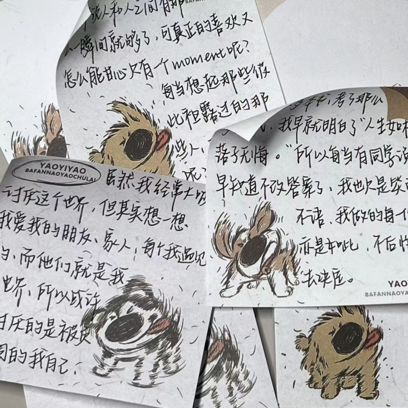 Dekoratyvinė klija mergaitė studentė šuo ašara nerimas užrašas didelė spalvų vertė juokinga negaliu nusikratyti vėjo skardinė maža raudona knyga